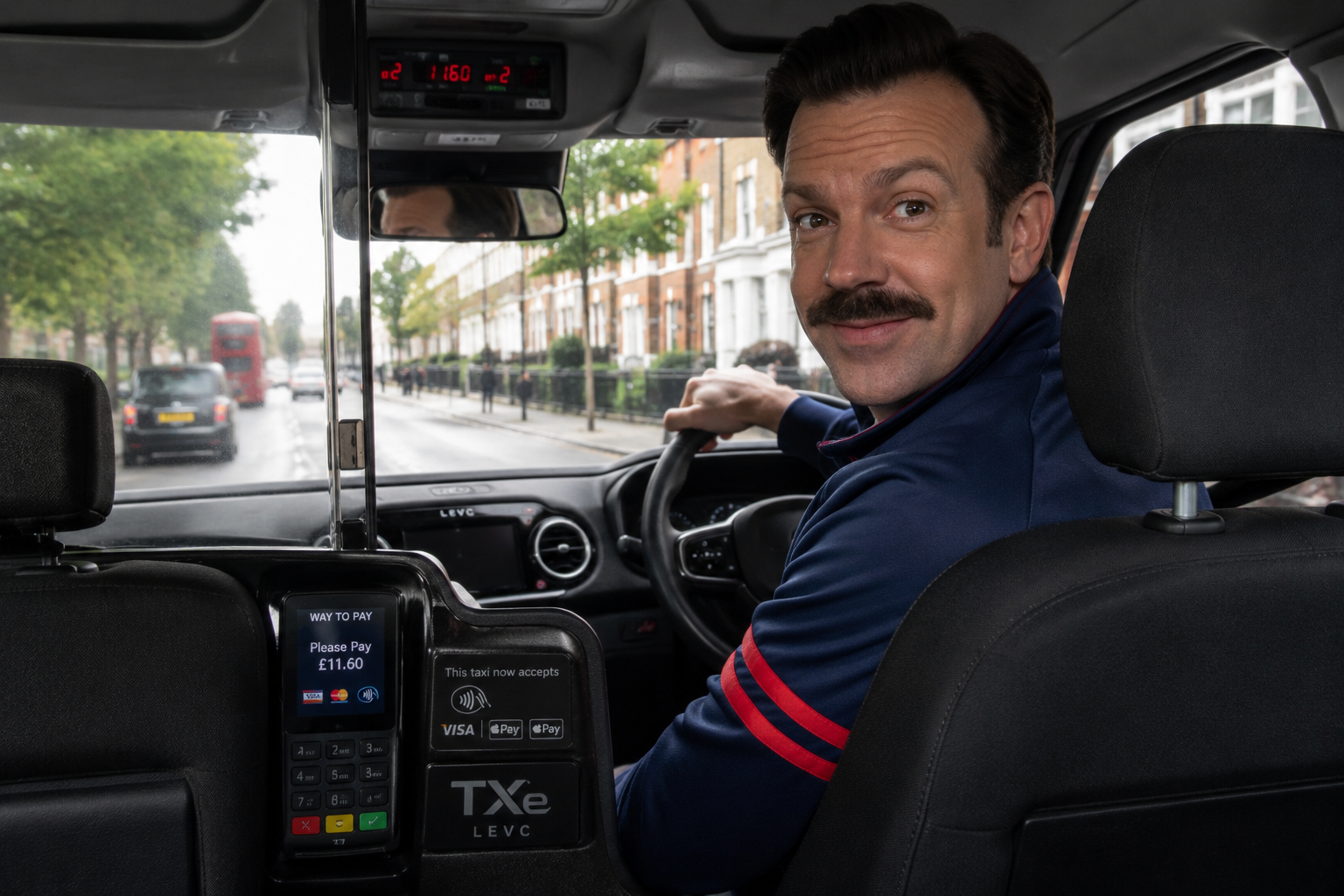 Ted Lasso in a taxi
